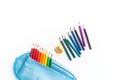 Colored pencils rainbow. School pencil case. White background Royalty Free Stock Photo