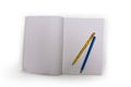 Colored pencils are on the school notebook. Notebook lies on the Desk at school. the kids are learning. Royalty Free Stock Photo