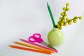 Colored pencils scissors and a vase of flowers on a white background Royalty Free Stock Photo