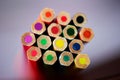 Colored pencils , sharpened, tightly gathered. Macro Royalty Free Stock Photo