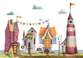 Colored pencils street with cafe, lighthouse, artisit`s house and sea. Royalty Free Stock Photo