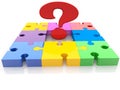 Colored pieces of a puzzle with a red question mark in the center Royalty Free Stock Photo