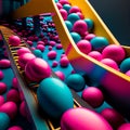 Colored pink blue easter egg sweets conveyor at the factory production. Generative AI technology. Royalty Free Stock Photo