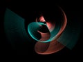 Colored planes form loops, waves or straightens. Abstract blades rotate. Graphic design element on black background.