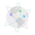 Colored planes and lines of air routes around the earth globe. Vector illustration