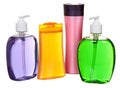 Colored plastic bottles with liquid soap and