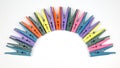 Colored plastic clothespins for clothes on a white background Royalty Free Stock Photo