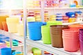 Plastic plant pots in store Royalty Free Stock Photo