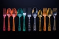 Colored plastic spoons and forks in row isolated on black background. Royalty Free Stock Photo