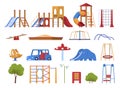 Colored playground equipment set vector flat illustration. Collection of amusement attraction