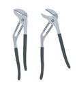 Colored Plumbing pliers tool icon. Open and Closed tools. Grey colored handle, toothed or notched metallic tip or sponge