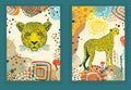 Colored posters with a cheetah. hand drawing. Not AI, Vector illustration Royalty Free Stock Photo