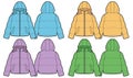 Colored puff jackets technical sketches. black winter sport jacket