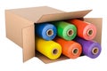 Colored PVC Polythene Plastic Tape Rolls inside cardboard box, 3D rendering