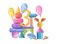 Colored pyramid, spinning top, ball, cubes, horse and hare made of cubes, number 3, balloons. Wooden Toys. Watercolor illustration
