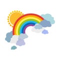 Colored rainbows with clouds and sun. Cartoon illustration isolated on white background. Royalty Free Stock Photo