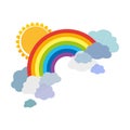 Colored rainbows with clouds and sun. Cartoon illustration on white background. Vector Royalty Free Stock Photo
