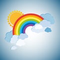 Colored rainbows with clouds and sun. Cartoon illustration on white background. Vector Royalty Free Stock Photo