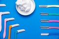 Colored razor shavers, on a blue background. image of beautiful multicolored razor shavers and shaving foam. copy space for text Royalty Free Stock Photo