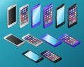 Colored realistic smartphones in isometry vector illustration