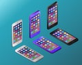 Colored realistic smartphones with working screens in isometry