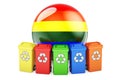 Colored recycling bins with LGBT rainbow flag, 3D rendering
