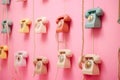 Colored retro telephones hanging on pink background.