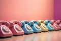 Colored retro telephones on pink background.