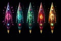 Colored rockets for launching fireworks. A set of pyrotechnic rockets.