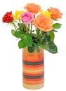 Colored roses flowers in a colored vase, close up, white background Royalty Free Stock Photo