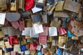 Colored rusted padlocks chained on a bridge handrail. Romantic Royalty Free Stock Photo