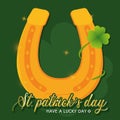 Colored saint patrick day poster golden horseshoe with clover Vector