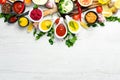 Colored sauces in bowls on a white background. Royalty Free Stock Photo