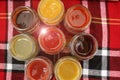 Colored sauces in jars