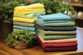 Colored sauna towels, spa items, aromatics for relaxation, comfort Royalty Free Stock Photo