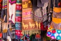 Colored scarves and bags in the local market in San Pedro de Atacama, Chile. With selective focus