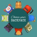 Colored school backpacks set. Choose your backpack banner, poster. Education and study back to school, schoolbag luggage Royalty Free Stock Photo