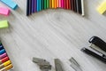 Colored school pencils and supplies for back to school Royalty Free Stock Photo