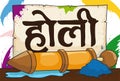 Scroll with Colorful Spots and Pichkari Toy ready for Holi, Vector Illustration