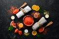Colored sea bath salt. Spa treatments. Royalty Free Stock Photo