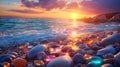 Colored sea glass pebbles and shells in the beach and waves with sunset and sky AI generated Royalty Free Stock Photo