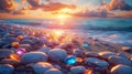 Colored sea glass pebbles and shells in the beach and waves with sunset and sky AI generated Royalty Free Stock Photo