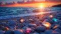 Colored sea glass pebbles and shells in the beach and waves with sunset and sky AI generated Royalty Free Stock Photo