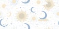 Colored seamless boho pattern for astrology, tarot. Gold sun and blue crescent moon with stars on a white background Royalty Free Stock Photo