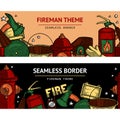 Colored Seamless Firefighting Vintage Border. Template of fireman tools. Rescue equipment isolated. Horizontal Design