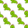 Happy iguana. Colored seamless pattern with cute cartoon character. Simple flat vector illustration isolated on white background. Royalty Free Stock Photo