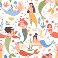 Colored seamless pattern of fantasy underwater world with cute fairy mermaids playing and resting. Endless repeatable