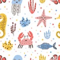 Colored seamless pattern with happy sea and ocean animals on white background - fish, crab, jellyfish, starfish