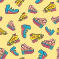 Colored seamless pattern of shoe prints. Vector illustration, design, doodle. Summer shoes. Royalty Free Stock Photo