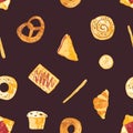 Colored seamless pattern with tasty fresh baked products and homemade sweet pastry or desserts made of dough on dark